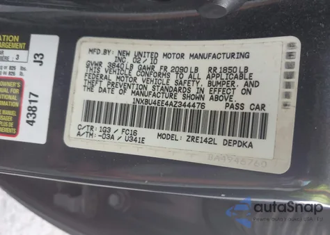 2010 Toyota Corolla Le from USA, damaged, VIN 1NXBU4EE4AZ344476